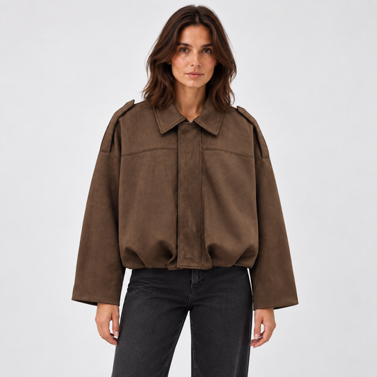 Suede Texture Bomber Jacket — Dark Brown — studio front