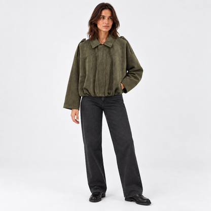 Suede Texture Bomber Jacket — Army Green — front — studio 1-2