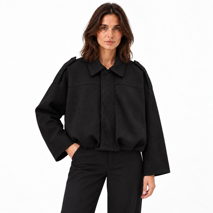 Suede Texture Bomber Jacket — Black — front — studio 1-3