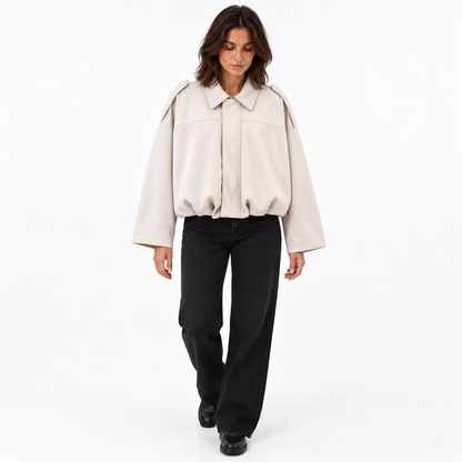 Suede Texture Bomber Jacket — Beige — front — studio 1-4