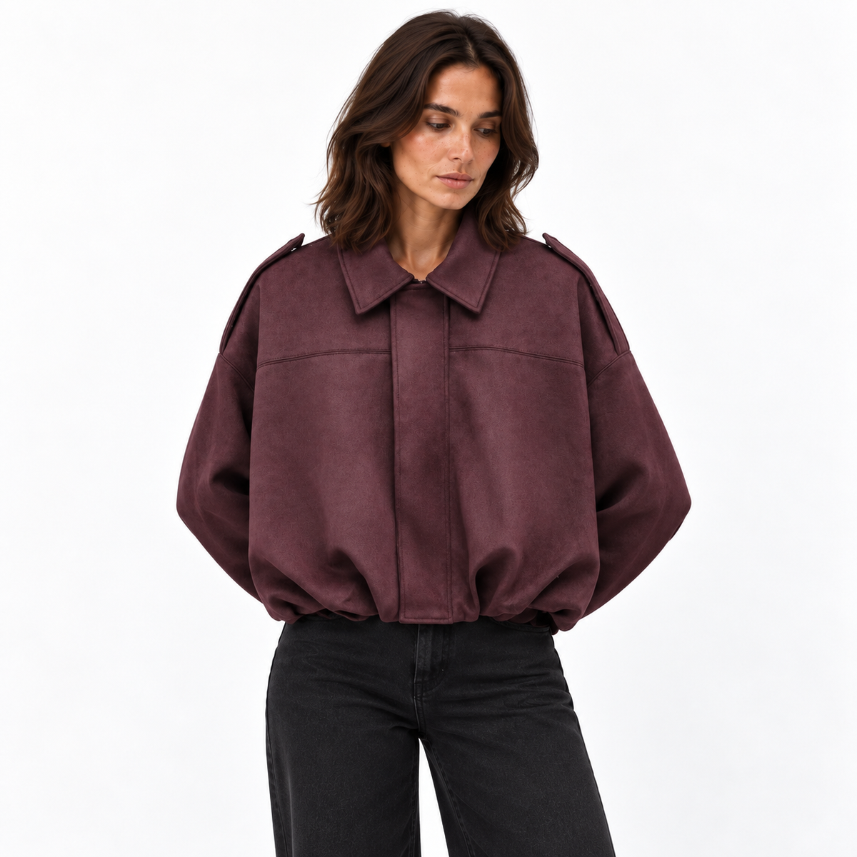 Suede Texture Bomber Jacket — Burgundy — front — studio 1-5