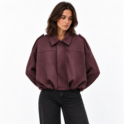 Suede Texture Bomber Jacket — Burgundy — front — studio 1-5