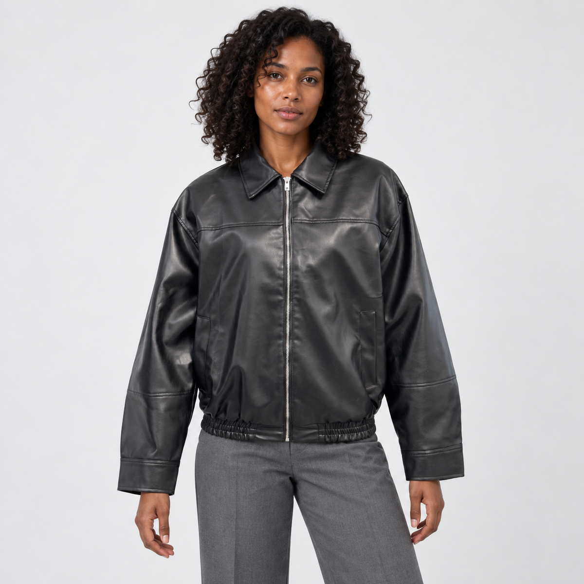 Womens Bomber Jacket — Black — front