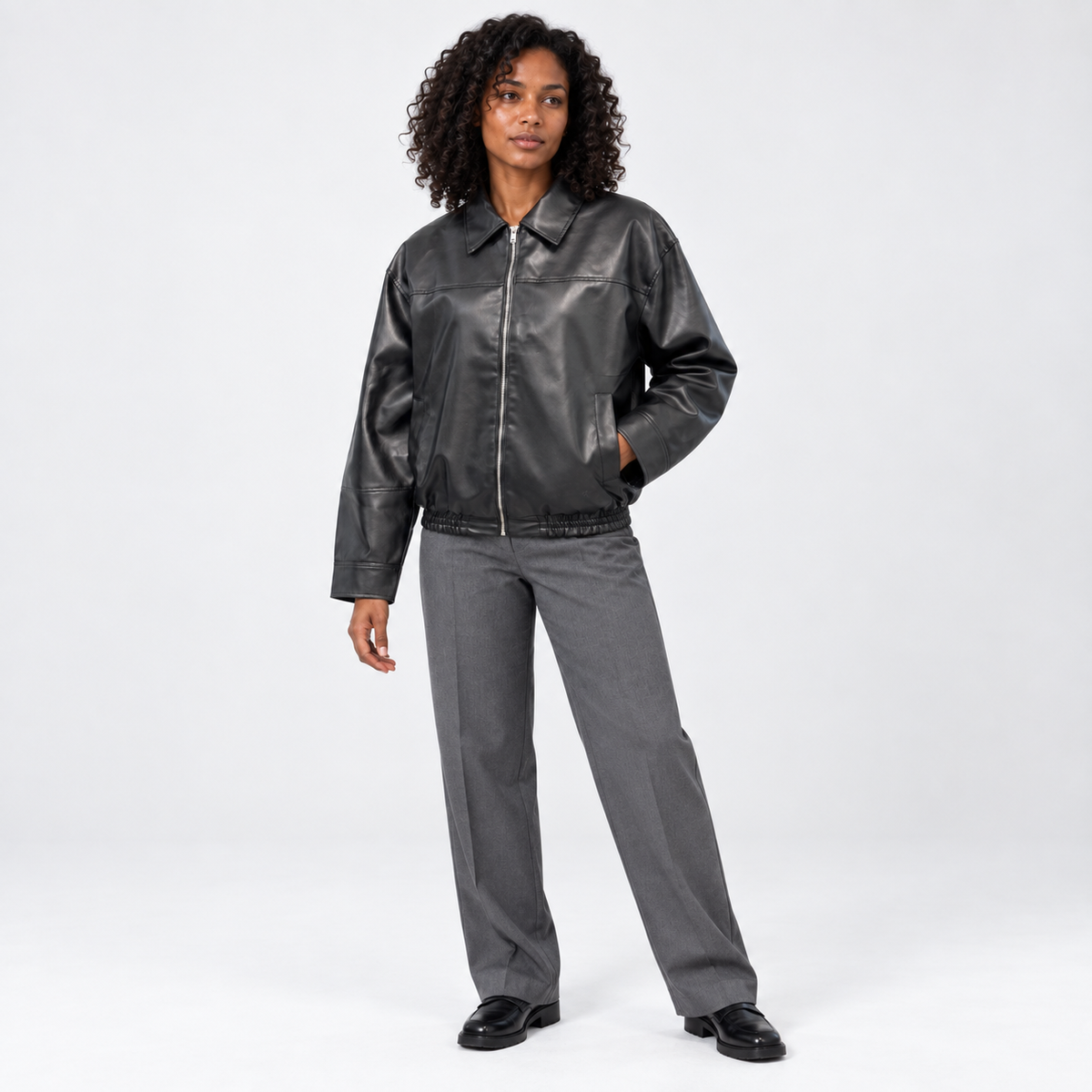 Womens Bomber Jacket — Black — three quarter — studio 2-2