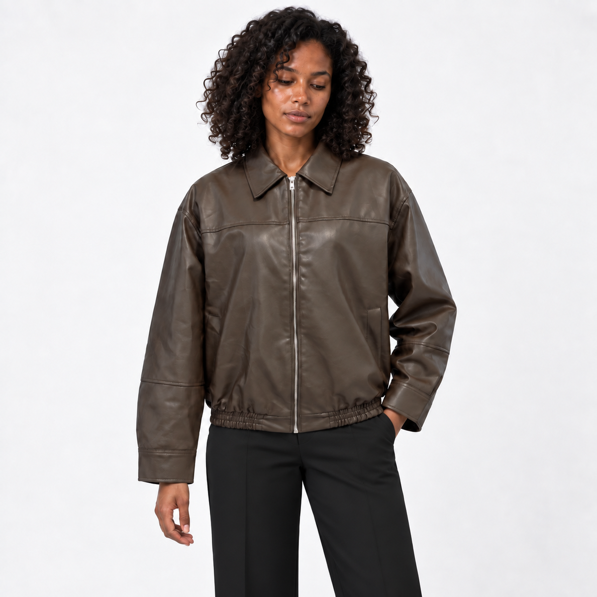 Womens Bomber Jacket — Coffee — front — studio 2-4