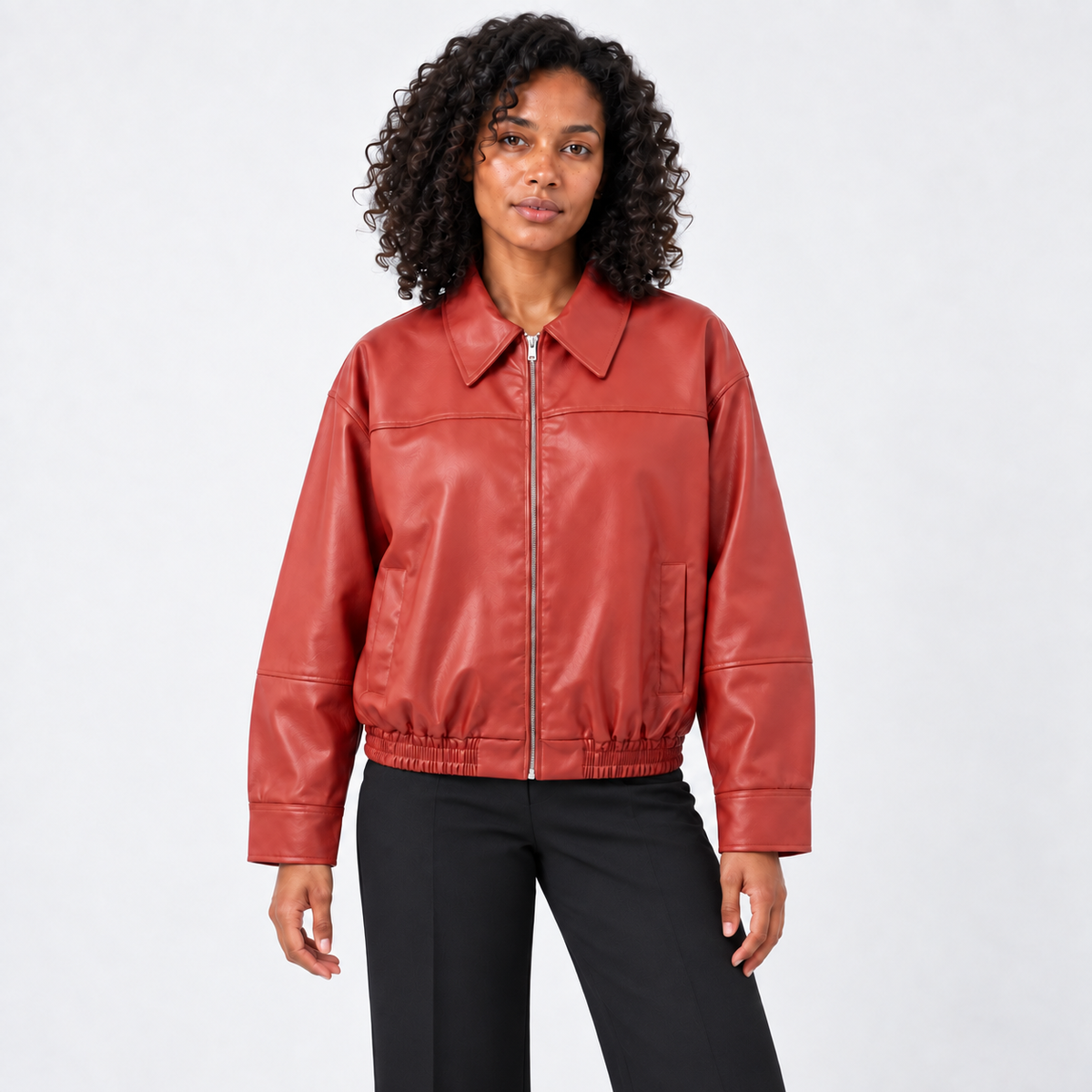 Womens Bomber Jacket — Red — front — studio 2-5