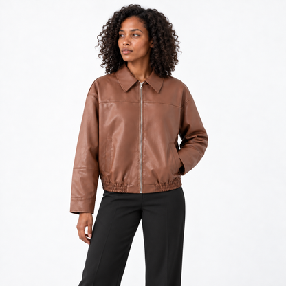 Womens Bomber Jacket — Camel — front — studio 2-6