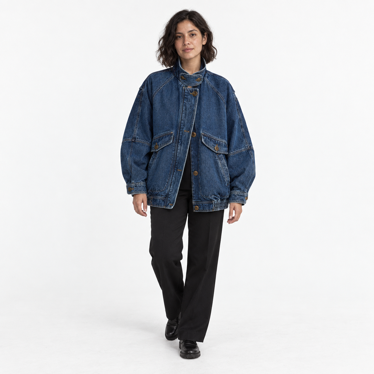 Vintage Stand Collar Denim Bomber Jacket — Denim dark blue — front — studio 3-1
