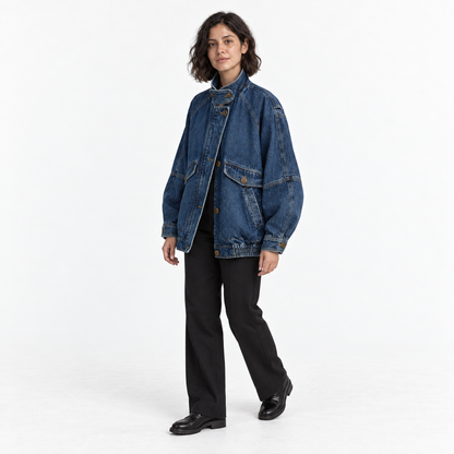 Vintage Stand Collar Denim Bomber Jacket — Denim dark blue — three_quarter — studio 3-2