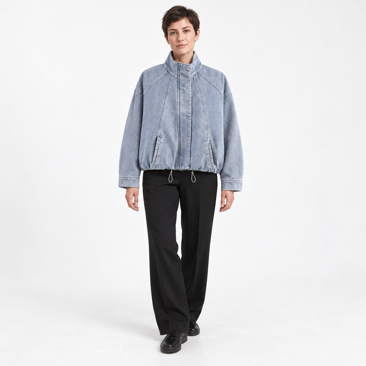 Fashion Versatile  Stand-Collar Denim Bomber Jacket — denim — front — studio 4-1