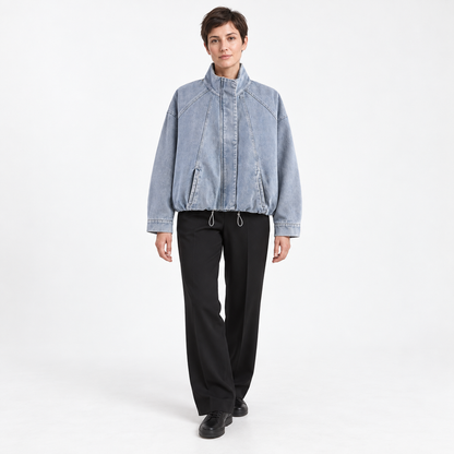 Fashion Versatile  Stand-Collar Denim Bomber Jacket — denim — front — studio 4-1