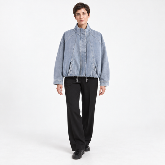 Fashion Versatile  Stand-Collar Denim Bomber Jacket — denim — front — studio 4-1