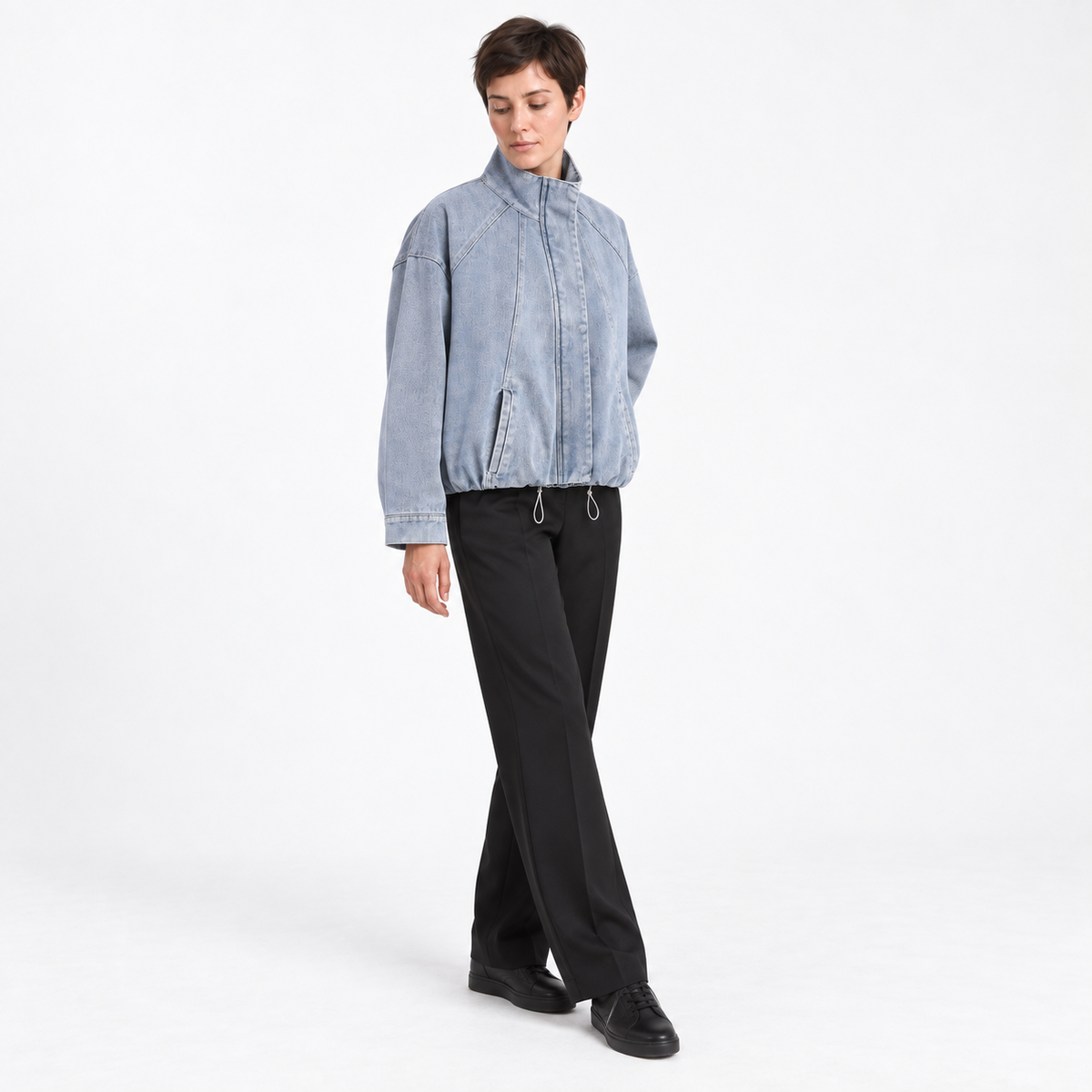 Fashion Versatile  Stand-Collar Denim Bomber Jacket — denim — three_quarter — studio 4-2