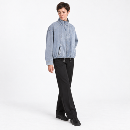 Fashion Versatile  Stand-Collar Denim Bomber Jacket — denim — three_quarter — studio 4-2