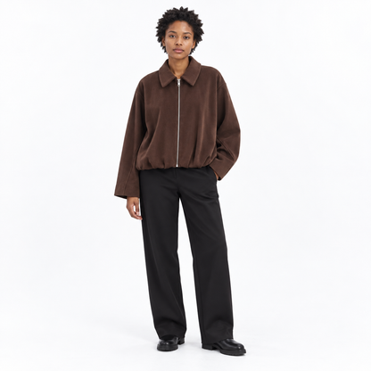 Velvet Bomber Jacket and Pants — Brown coat — front — studio 5-1