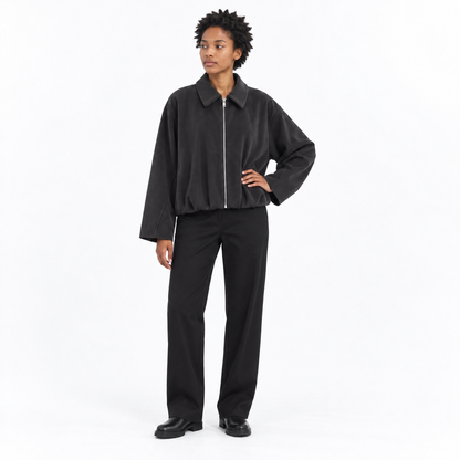 Velvet Bomber Jacket and Pants — Carbon color jacket — front — studio 5-3