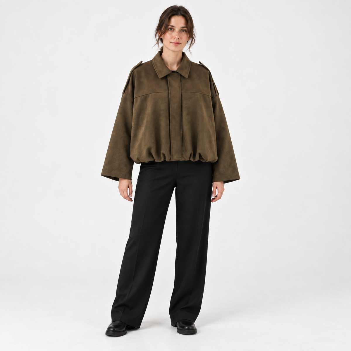 Womens Batwing Sleeve Bomber Jacket — Dark Brown — front — studio 6-1