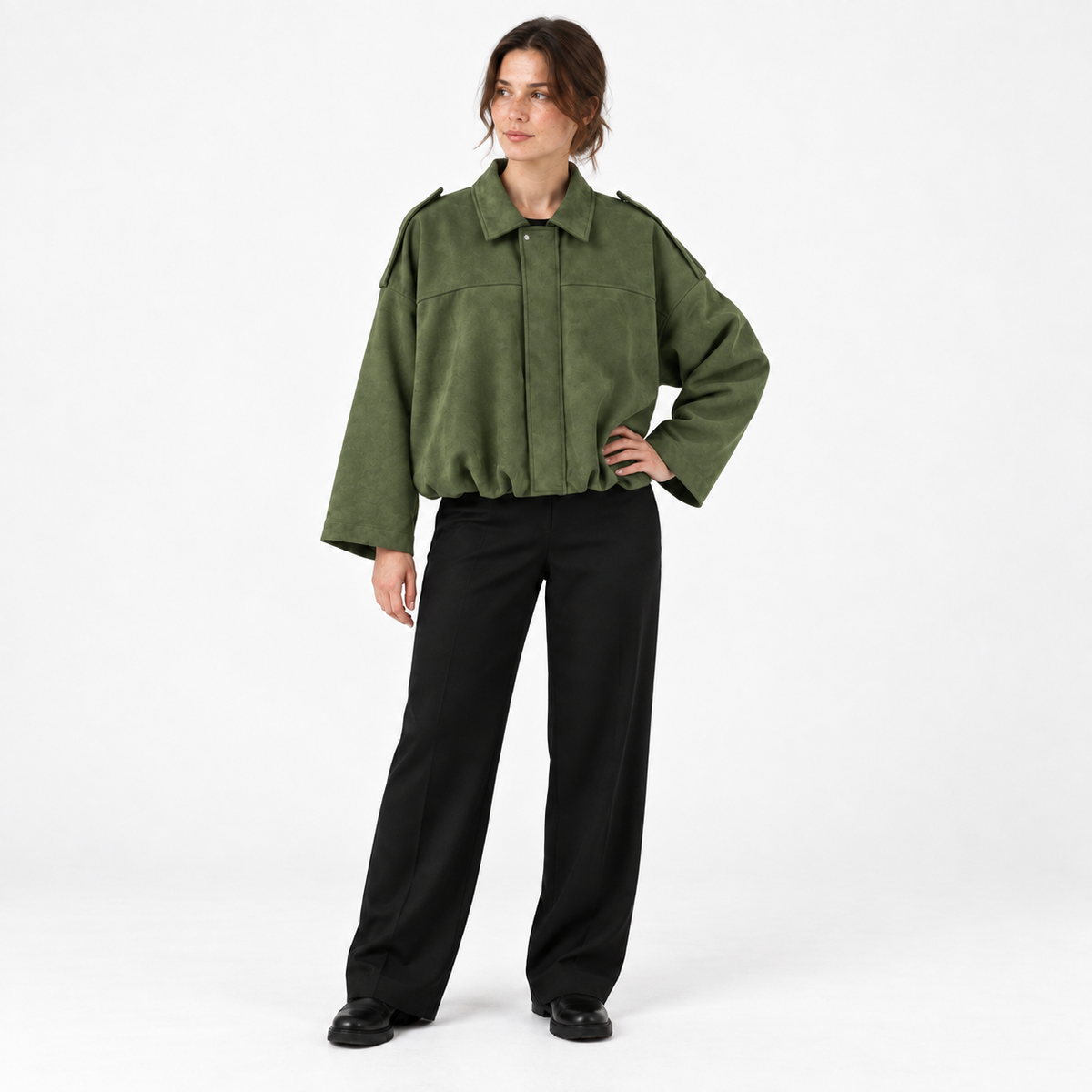Womens Batwing Sleeve Bomber Jacket — Green — front — studio 6-2