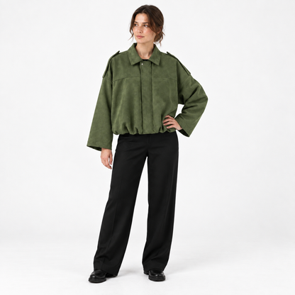 Womens Batwing Sleeve Bomber Jacket — Green — front — studio 6-2