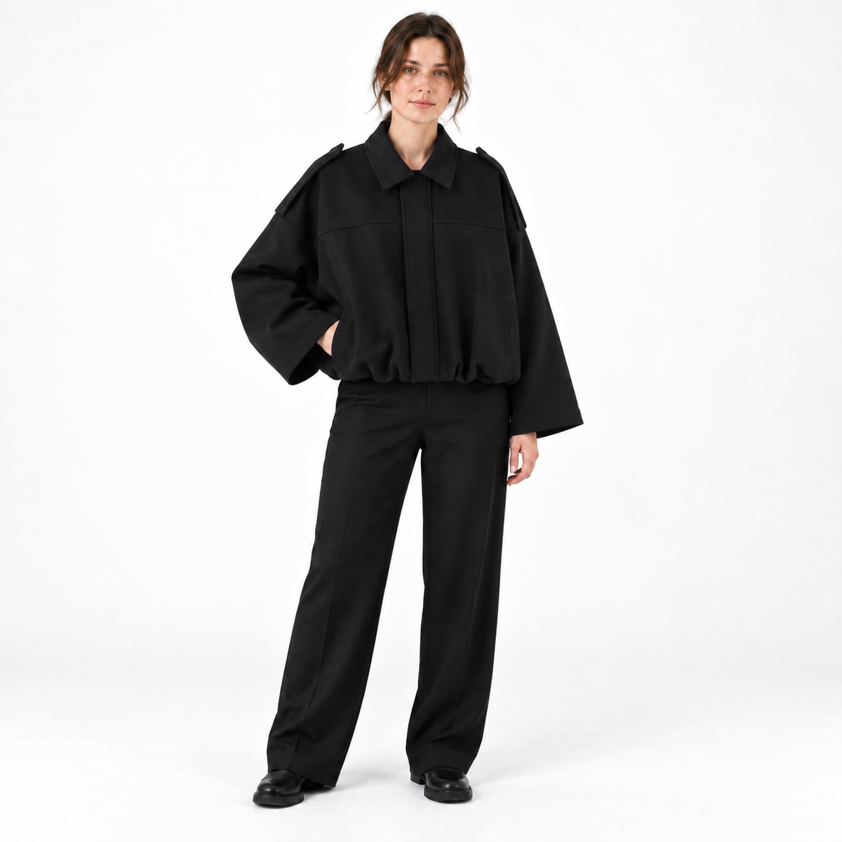 Womens Batwing Sleeve Bomber Jacket — Black — front — studio 6-3