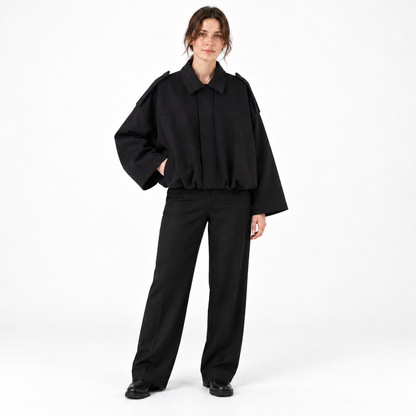 Womens Batwing Sleeve Bomber Jacket — Black — front — studio 6-3