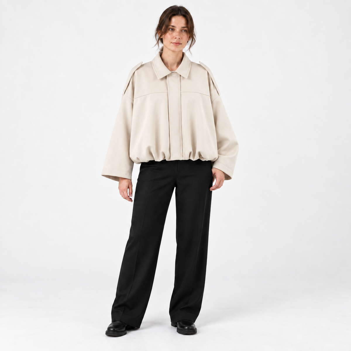 Womens Batwing Sleeve Bomber Jacket — Off-White — front — studio 6-4