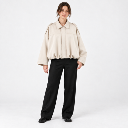 Womens Batwing Sleeve Bomber Jacket — Off-White — front — studio 6-4
