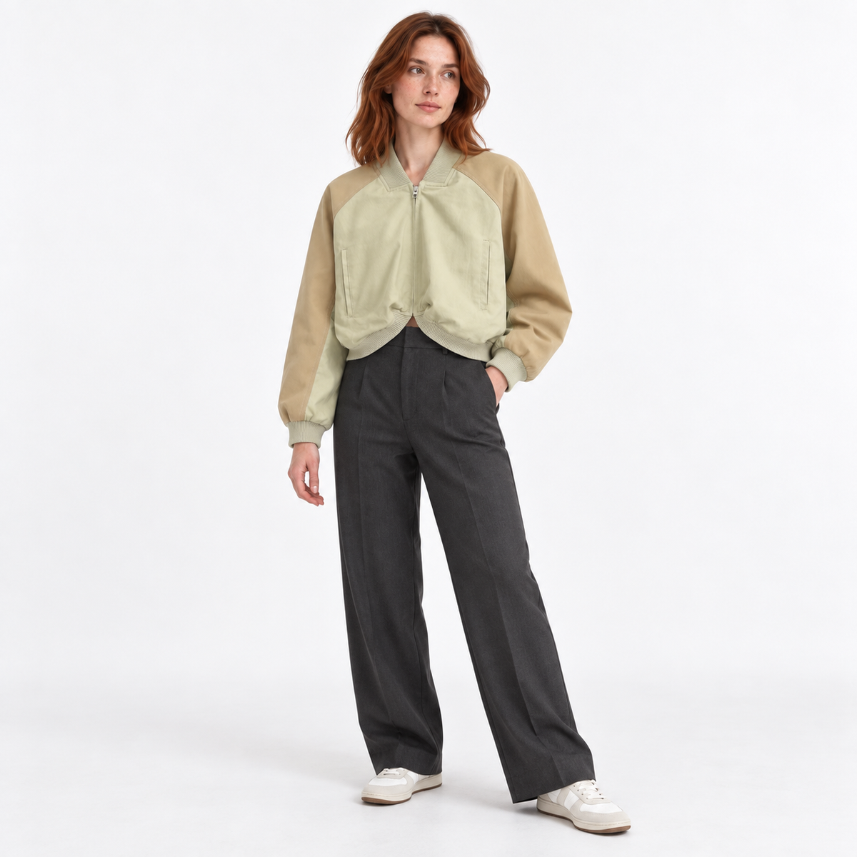 Washed Street Style Bomber Jacket — Army green — three quarter — studio 7-2
