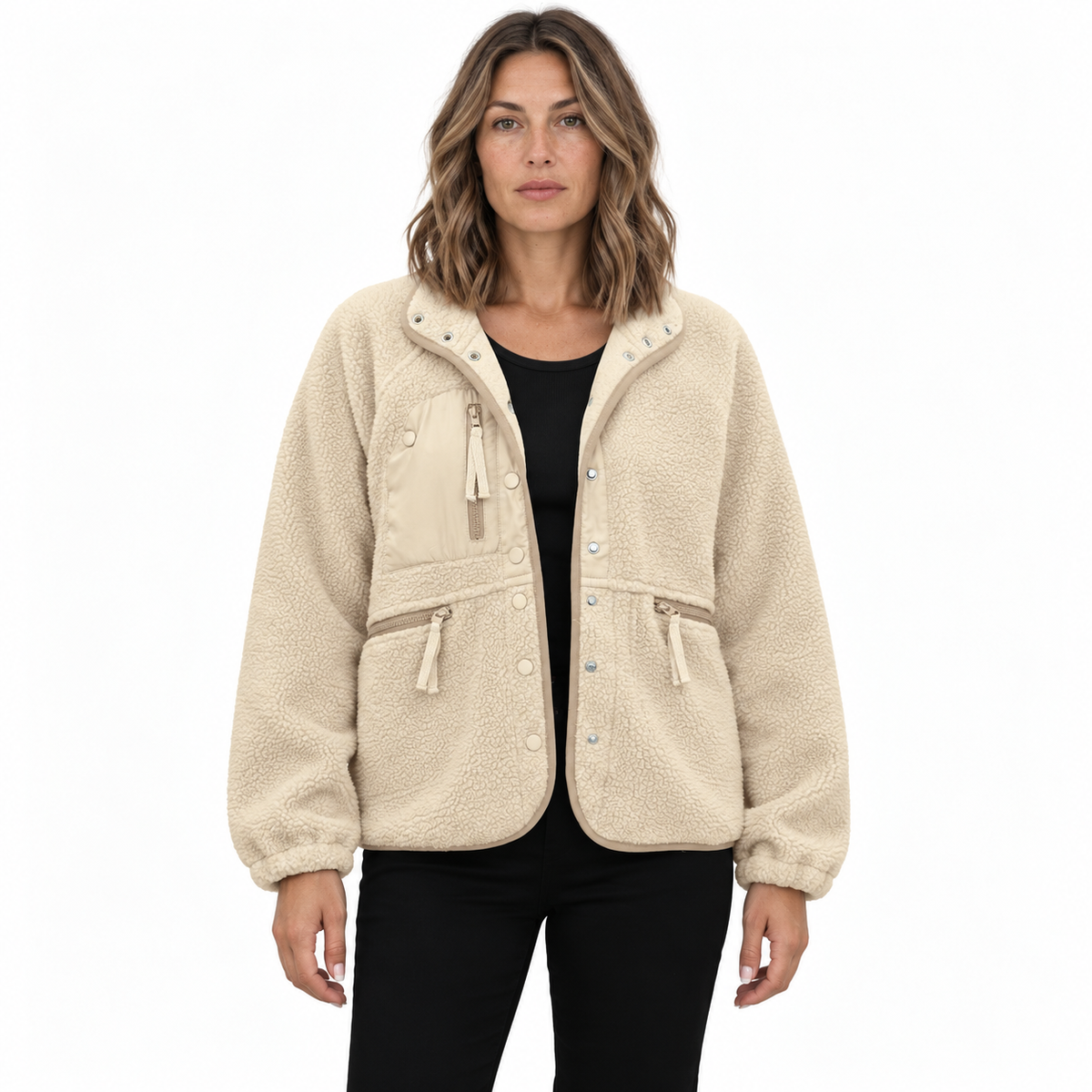 Women's woolen fleece button-down casual sport jacket — Light khaki — front — studio 8-1