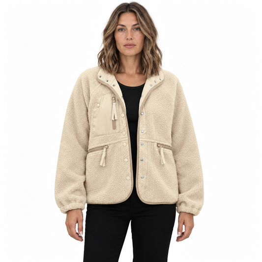 Women's woolen fleece button-down casual sport jacket — Light khaki — front — studio 8-1