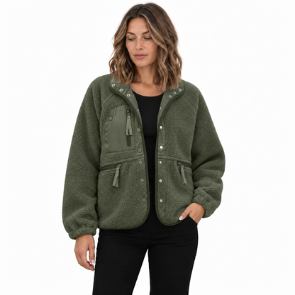 Women's woolen fleece button-down casual sport jacket — Army green — front — studio 8-2