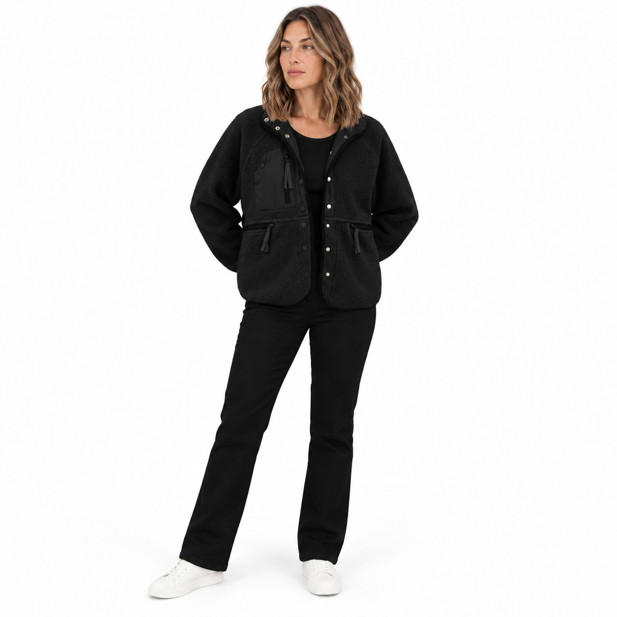 Women's woolen fleece button-down casual sport jacket — Black — front — studio 8-3