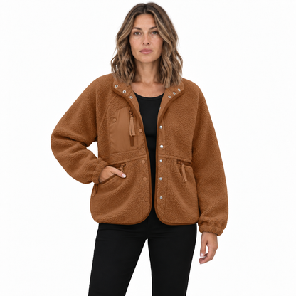 Women's woolen fleece button-down casual sport jacket — Brown — front — studio 8-4
