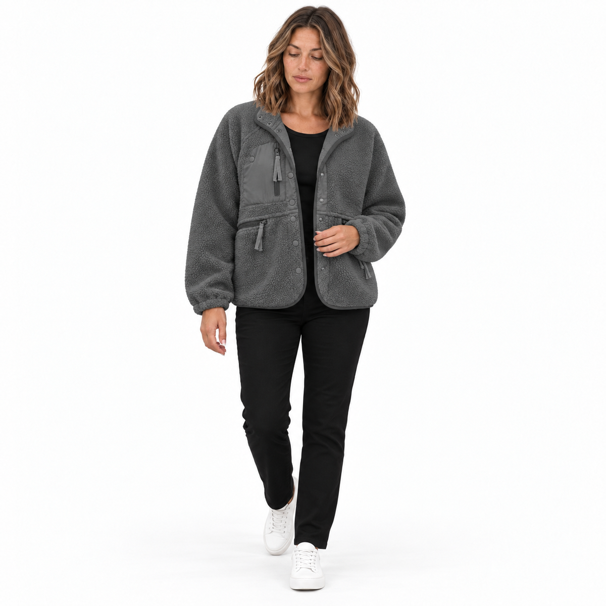 Women's woolen fleece button-down casual sport jacket — Dark gray — front — studio 8-5