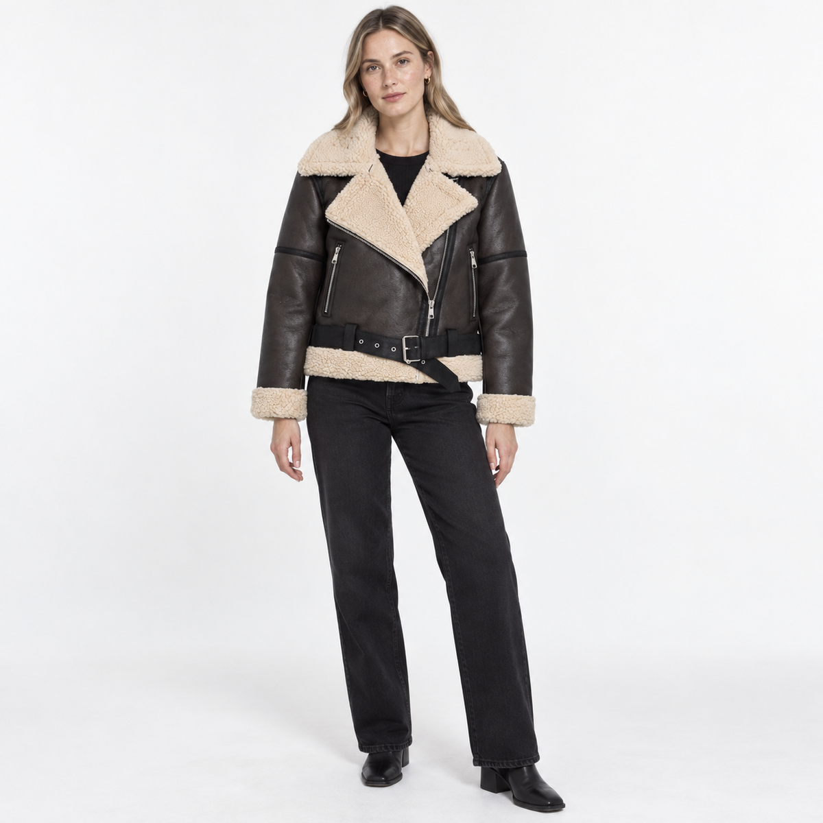 Womens Belted Lapel Faux Leather Fleece Lined Jacket — Khaki — front — studio 11-1