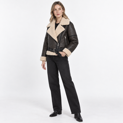 Womens Belted Lapel Faux Leather Fleece Lined Jacket — Khaki — three quarter — studio 11-2