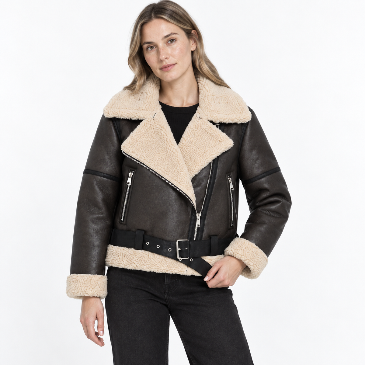 Womens Belted Lapel Faux Leather Fleece Lined Jacket — Khaki — detail — studio 11-3