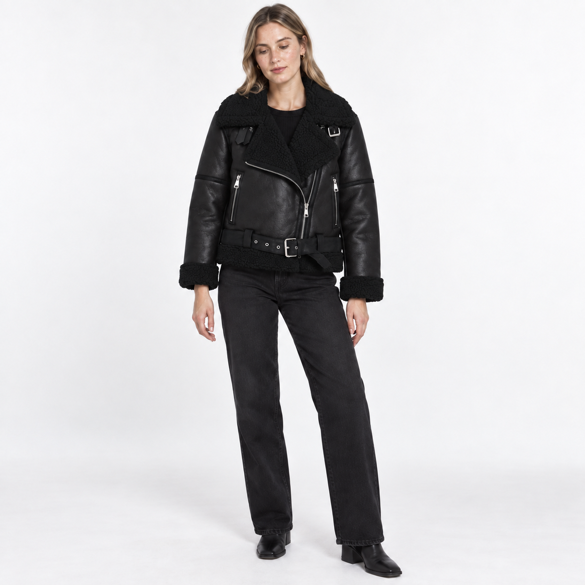 Womens Belted Lapel Faux Leather Fleece Lined Jacket — Black — front — studio 11-4