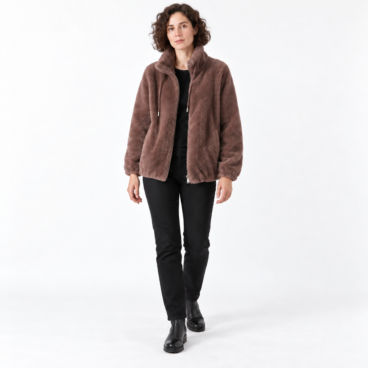 Women Fleece Zipper Cardigan Winter Thick Velvet Jacket — 5031 dark brown — front — studio 12-1 corrected