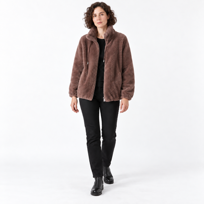 Women Fleece Zipper Cardigan Winter Thick Velvet Jacket — 5031 dark brown — front — studio 12-1 corrected