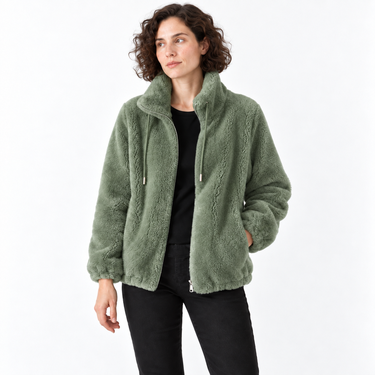 Women Fleece Zipper Cardigan Winter Thick Velvet Jacket — 5031 green — front — studio 12-2 corrected