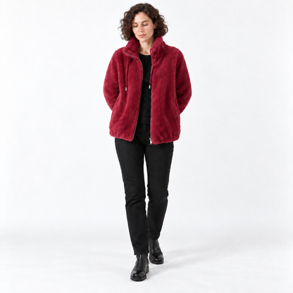 Women Fleece Zipper Cardigan Winter Thick Velvet Jacket — 5031 wine red — front — studio 12-3 corrected