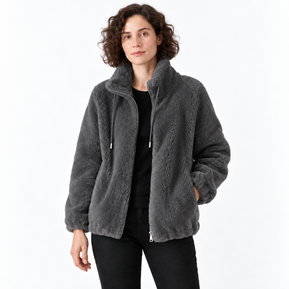 Women Fleece Zipper Cardigan Winter Thick Velvet Jacket — 5031 dark gray — front — studio 12-4 corrected
