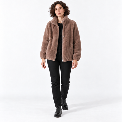Women Fleece Zipper Cardigan Winter Thick Velvet Jacket — 5031 light brown — front — studio 12-5 corrected