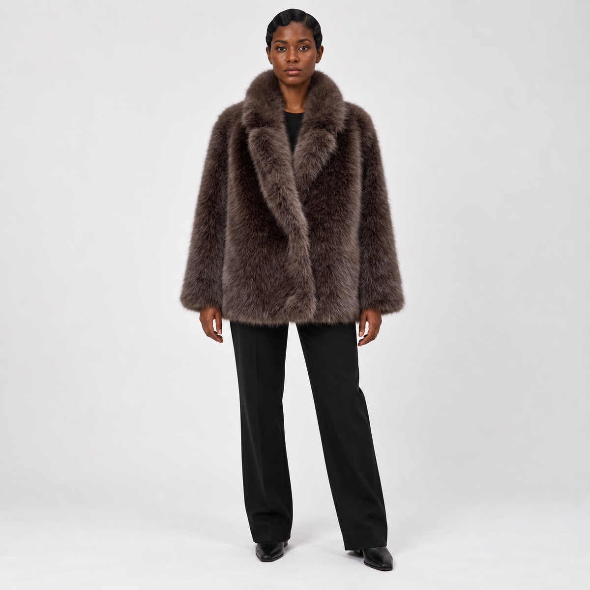 Womens Fur Coat — Dark Brown — front — studio 14-1