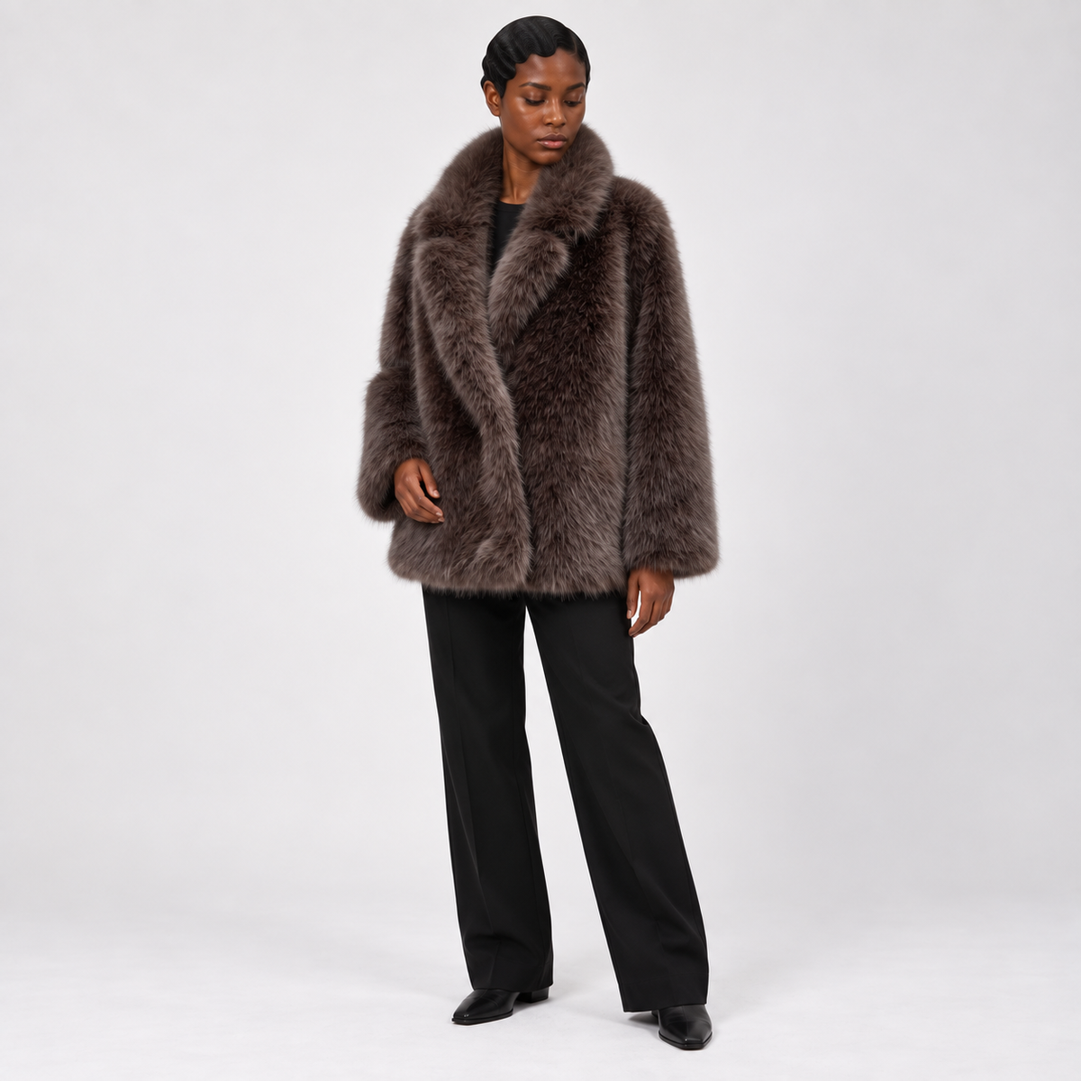 Womens Fur Coat — Dark Brown — three_quarter — studio 14-2