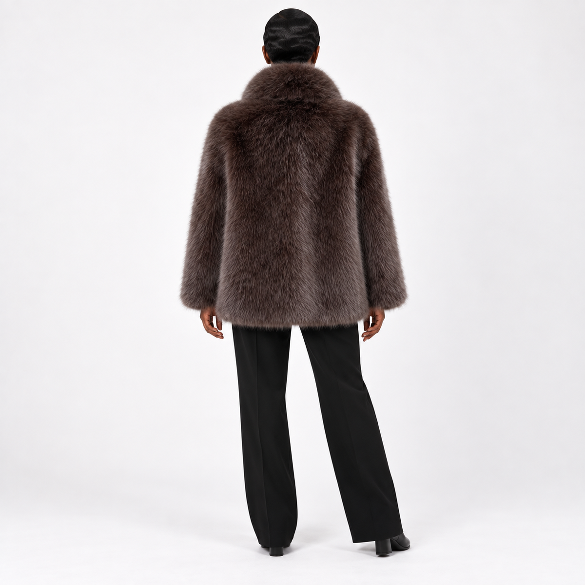Womens Fur Coat — Dark Brown — back — studio 14-3