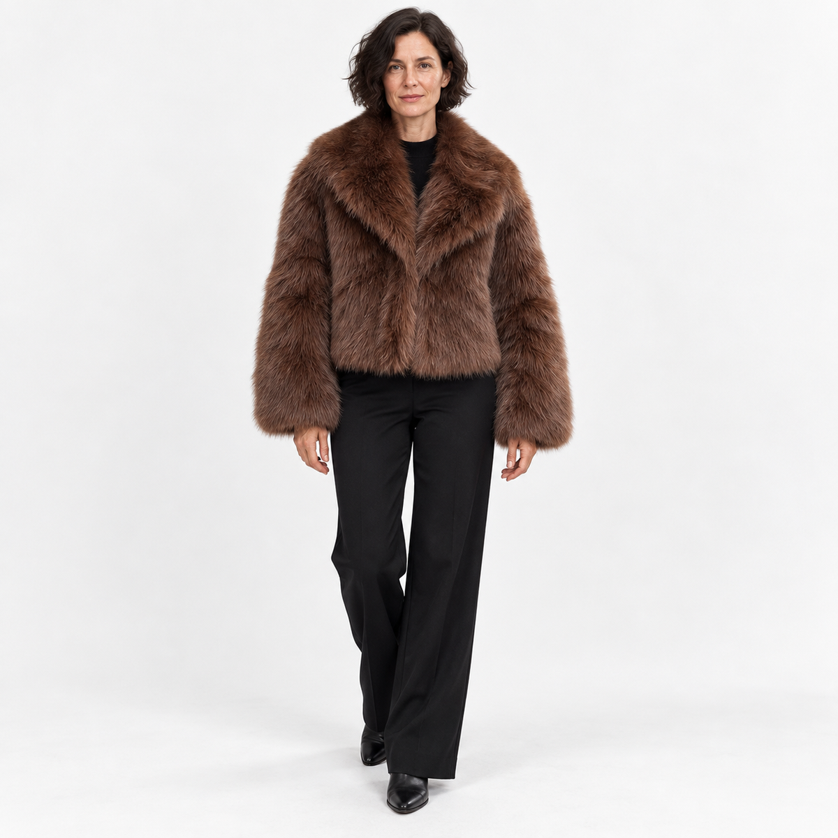 Faux fur coat — Brown — front — studio 15-1