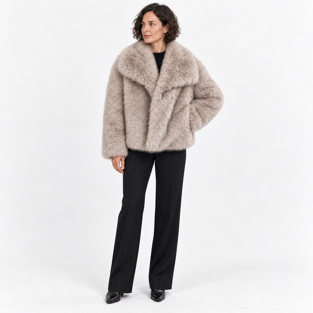 Faux fur coat — Light Khaki — front — studio 15-3