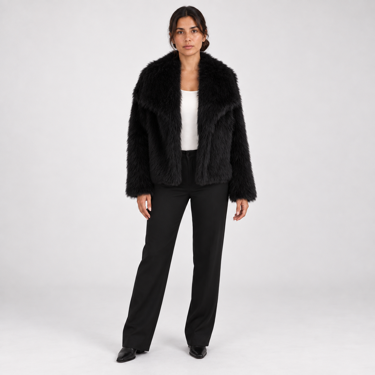 Short and fashionable fox fur coat, fluffy and plush women's clothing — Black — front — studio 16-1